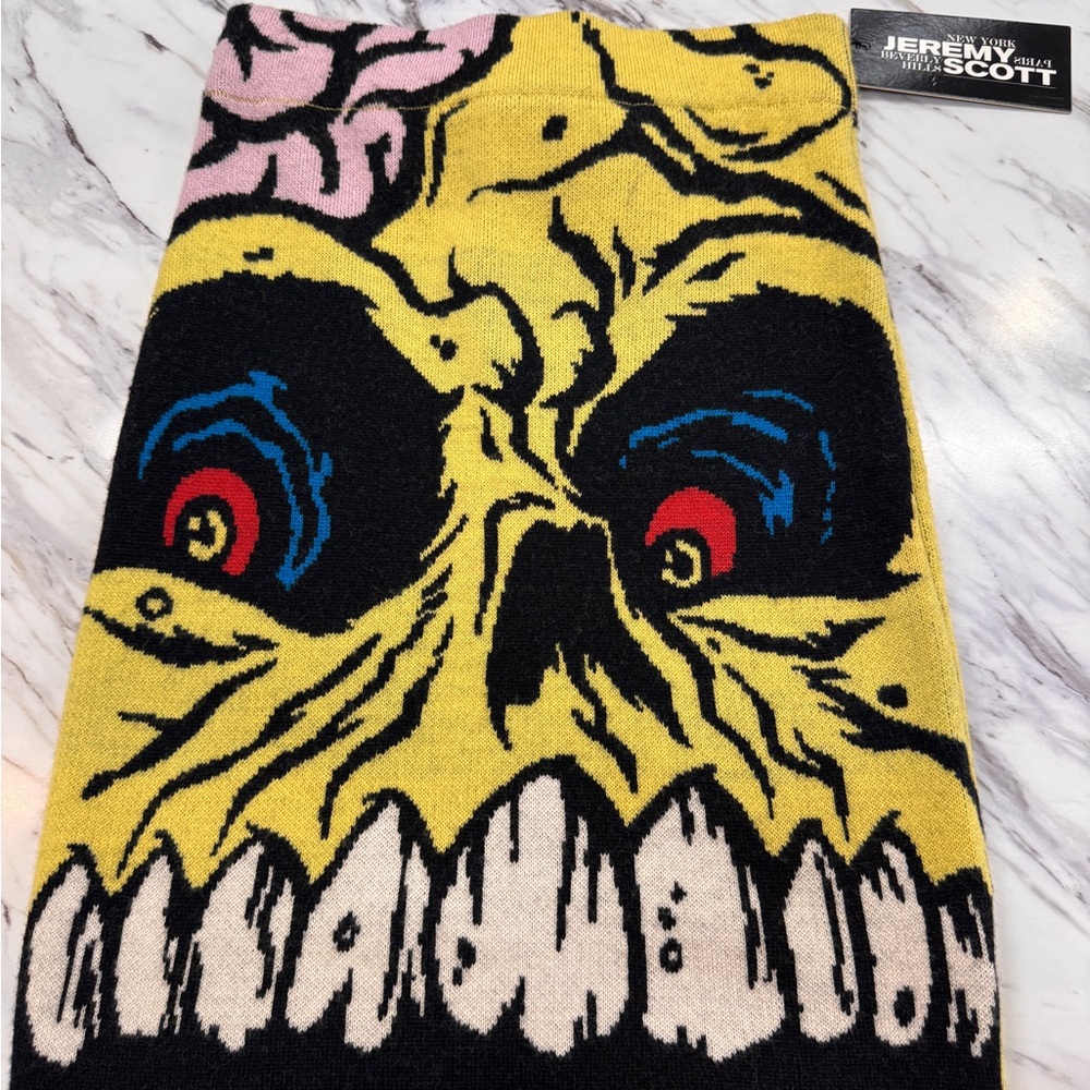 Jeremy Scott Yellow Black Knit Scarf with Pink Flecks